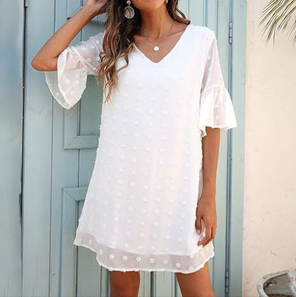 White Swiss Dot V-Neck Dress Ruffly Short Bell Sleeves